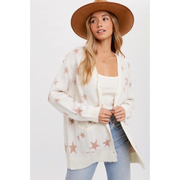 SOLD OUT Cream Star Pattern Knit Mohair Button Front Cardigan Sweater w/ Pockets - Picture 3 of 8